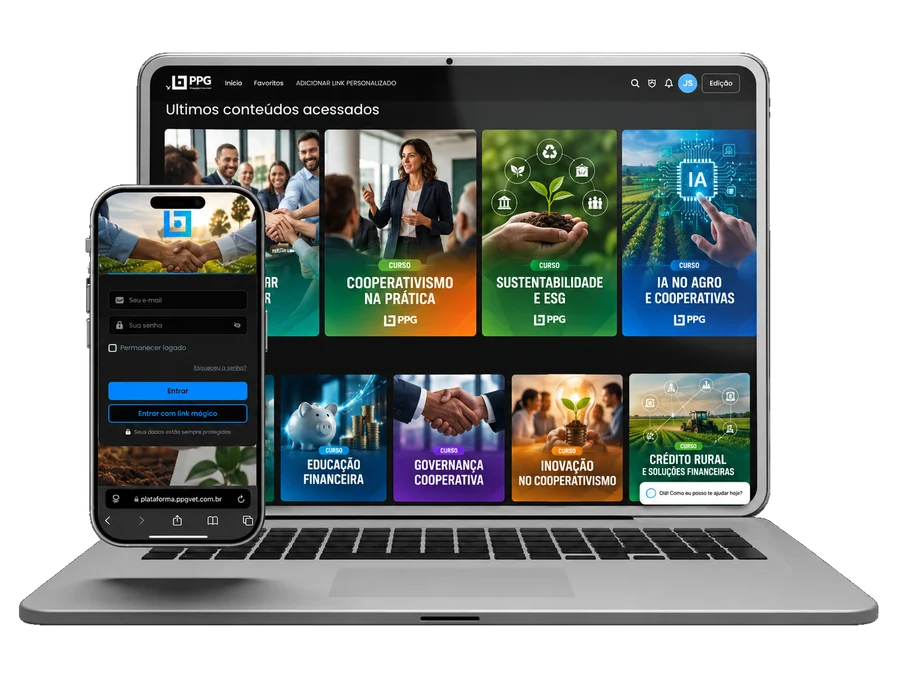 Plataforma da PPG aberta no notebook e no celular, com os cursos de cooperativismo